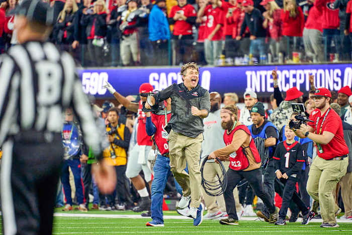 Georgia’s Kirby Smart celebrates winning the national title vs. TCU.